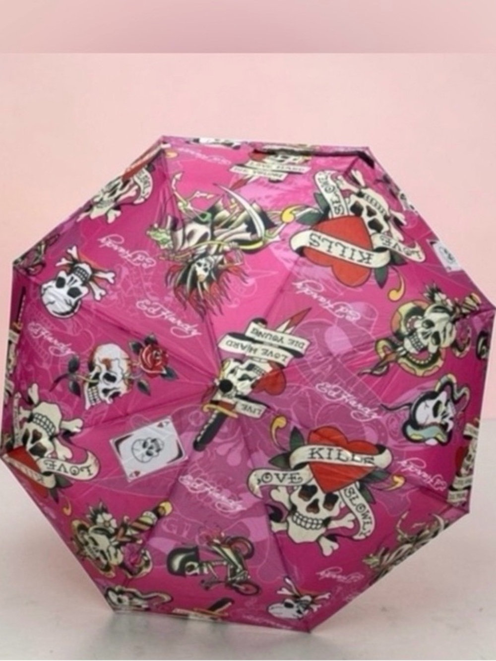Ed Hardy Pink Tattoo Skull Print Umbrella